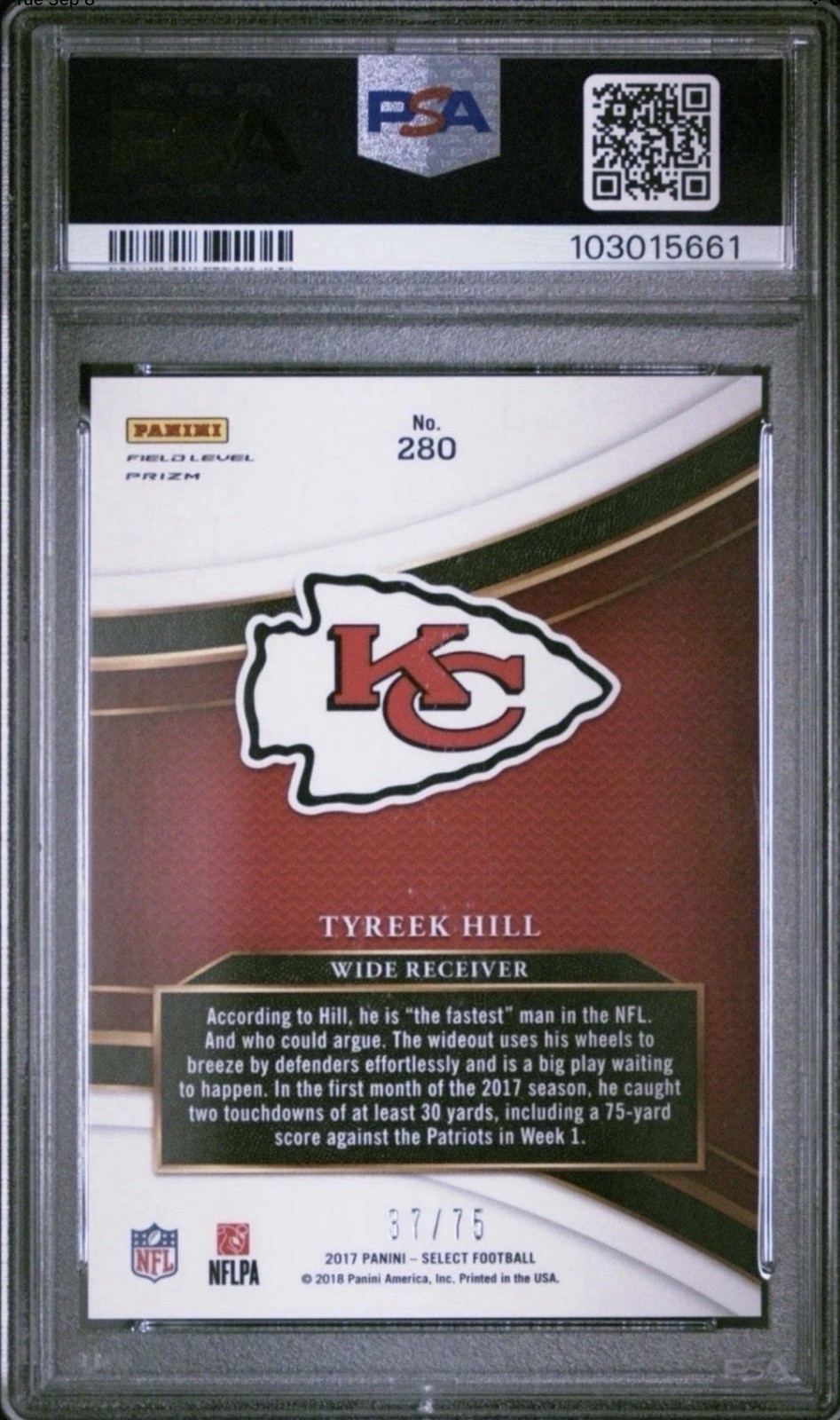 2017 Select Tyreek Hill #280 Field Level Copper Prizm #37/75 PSA 10 view 2