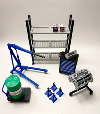 1/18 Scale Garage Diorama Set – V8 Engine w/ Stand, Storage Rack & Accessories