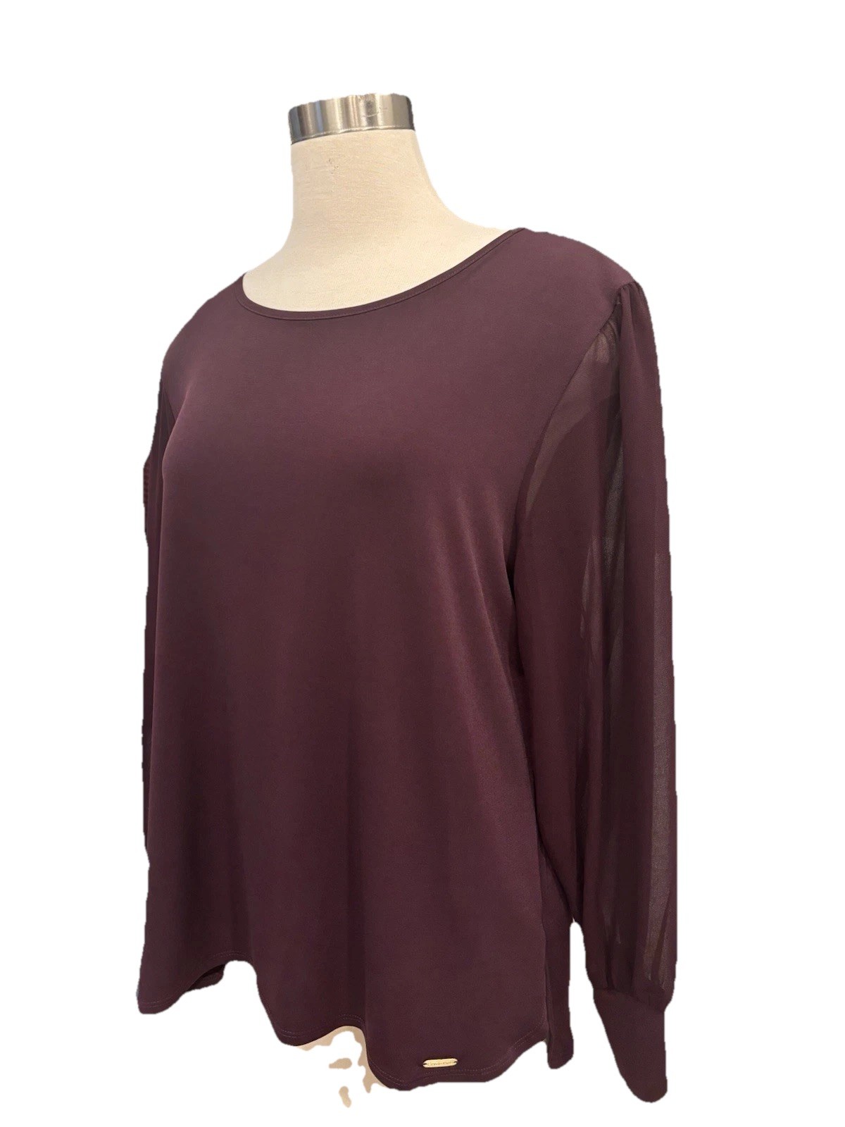 Women’s Calvin Klein, Deep Plum, Long Sleeved Blouse W/ Sheer Sleeves Size Large