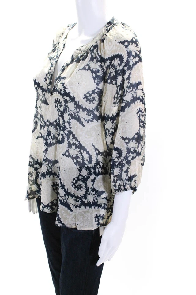 Blusa Joie Mujer Seda Estampado Paisley Mangas Largas Azul Marino Beige Talla Pequeña Foto 2 de 4