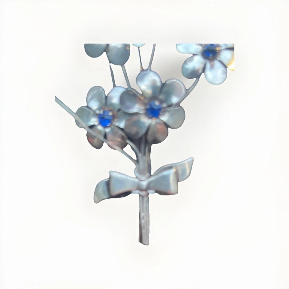 Vtg Marked Sterling Silver Brooch Blue Rhinestone Floral Spray Pin Large Jewelry - Image 3 of 4