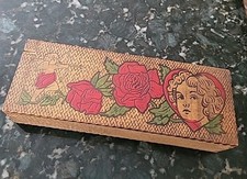 Antique Pyography Box Wood Painted Hearts Cupid Lady Valentine UNIQUE 10×3 1/2×2