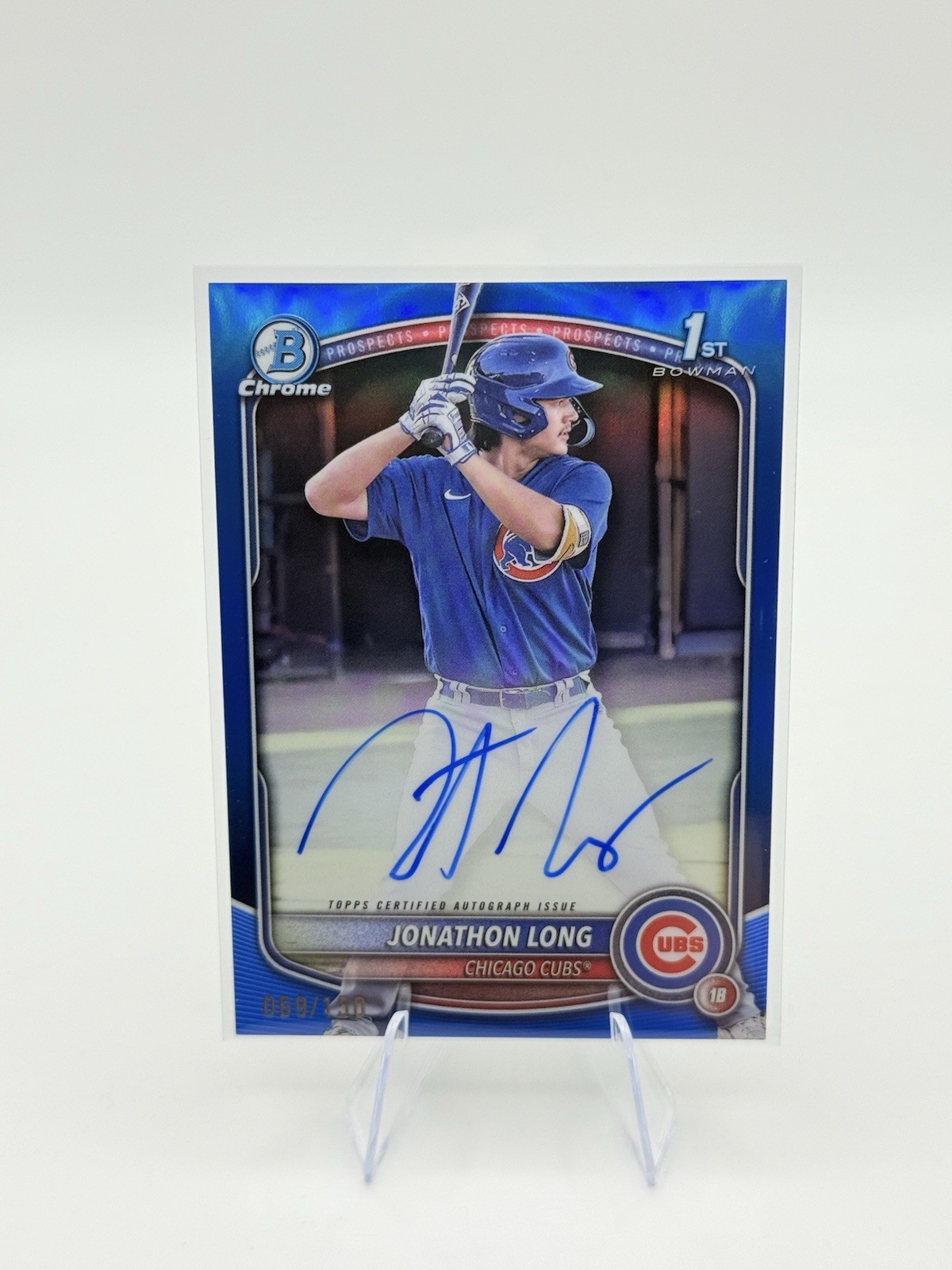 2025 Bowman Jonathon Long Chrome Auto Blue Refractor 1st Prospect #110/150 Cubs
