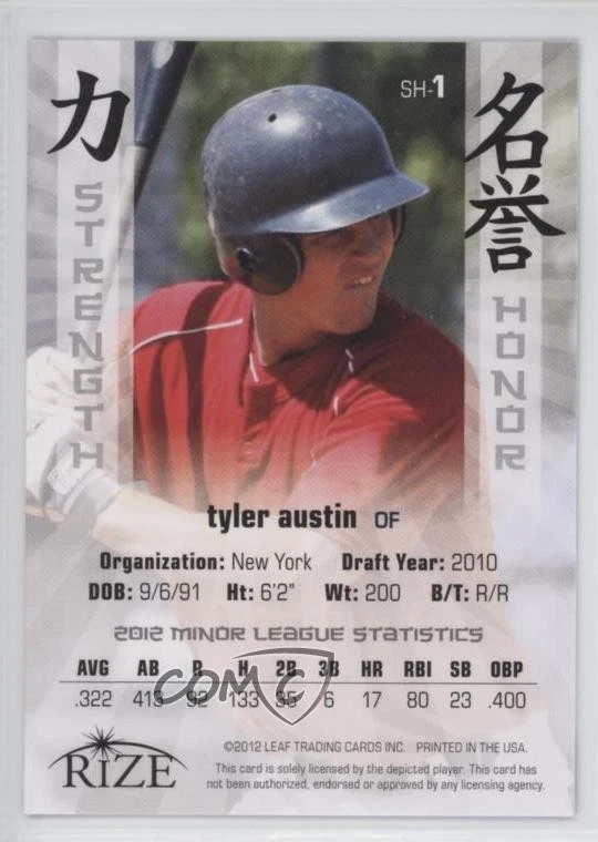2012 Leaf Rize Draft Strength and Honor Blue /25 Tyler Austin #SH-1 - Image 2 of 2