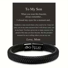 Mom to Son Black Braided PU Leather Message Bracelet Gift, 7.5in