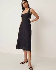 NEW ANN TAYLOR $198 BLACK EYELET HEM EMBROIDERED STRAPPY MIDI DRESS SZ 12P