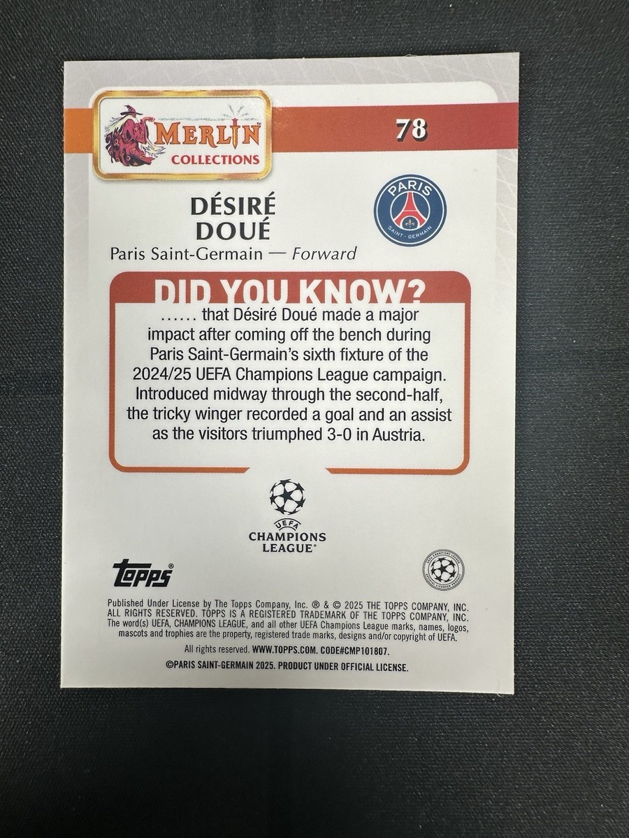 2024-25 Topps Merlin UEFA Base PSG Card #78 Desire Doue | eBay