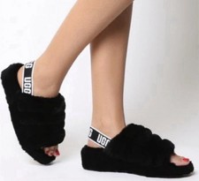 UGG Fluff Yeah Black Fur Slide Slippers Little Girls Size 5 Open Toe Comfort
