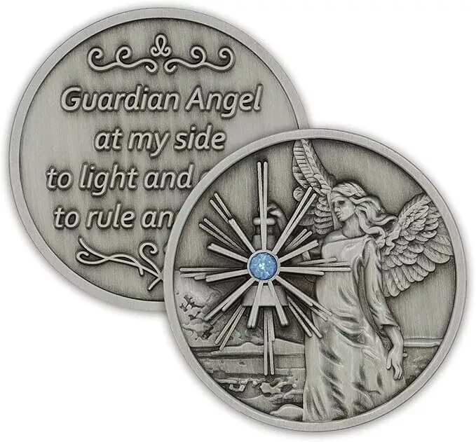 Guardian Angel Coin Affirmation Gift Token Medallion w/ Prayer & Crystal Gemston