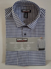 KIRKLAND MEN'S PERFORMANCE SPORTSHIRT CHECK BLUE/WHITE, 16-16.5 32/33 NWT