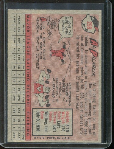 1958 Topps Baseball # 259 Al Pilarcik (NM) Near Mint - Picture 2 of 2