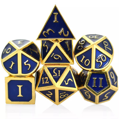 BLUE & GOLD COLORED High Quality D20 Size 16mm 20mm 7pcs SOLID Metal Dice Set