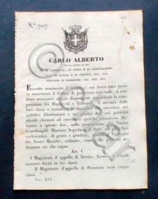 Decree Carlo Alberto - Appeal Magistrates to be divided into three classes - 1848