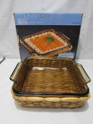 Anchor Hocking Brown Glass Basket Buffet Cake Pan w/Basket 8x8  (R31J)