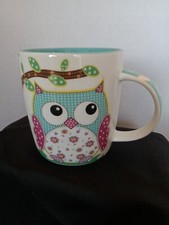 Burton  BURTON Tea Coffee Mug Cup Calico Stitched Owl Turquoise Pink. Whimsical