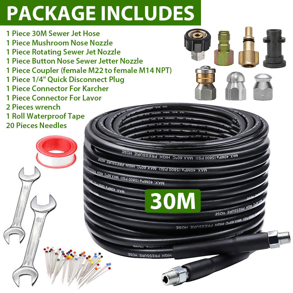 30M 5800PSI Pressure Washer Hose Jet Pipe 1/4 Quick Connect Sewer Drain