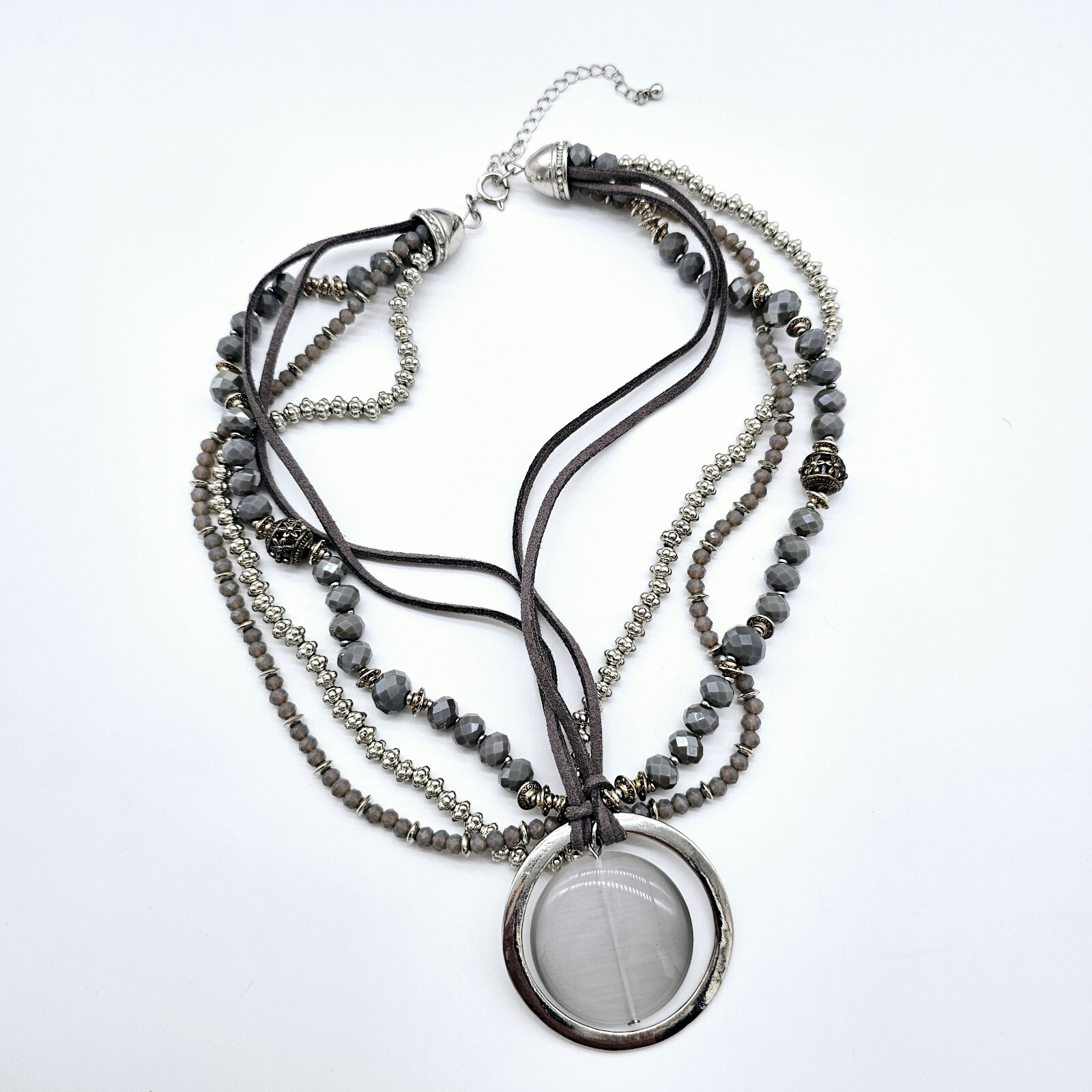 Floating Moon Statement Necklace Gray Leather Fac… - image 4