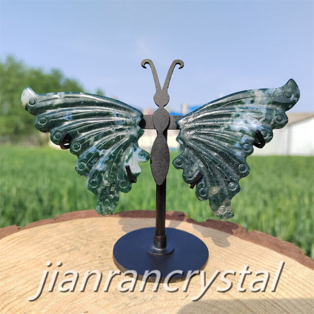 3" Natural Moss Agate Butterfly Wing Quartz Skull Carved Crystal Skull +stand 3" Natural Moss Agate Butterfly Wing Quartz Skull Carved Crystal Skull +stand