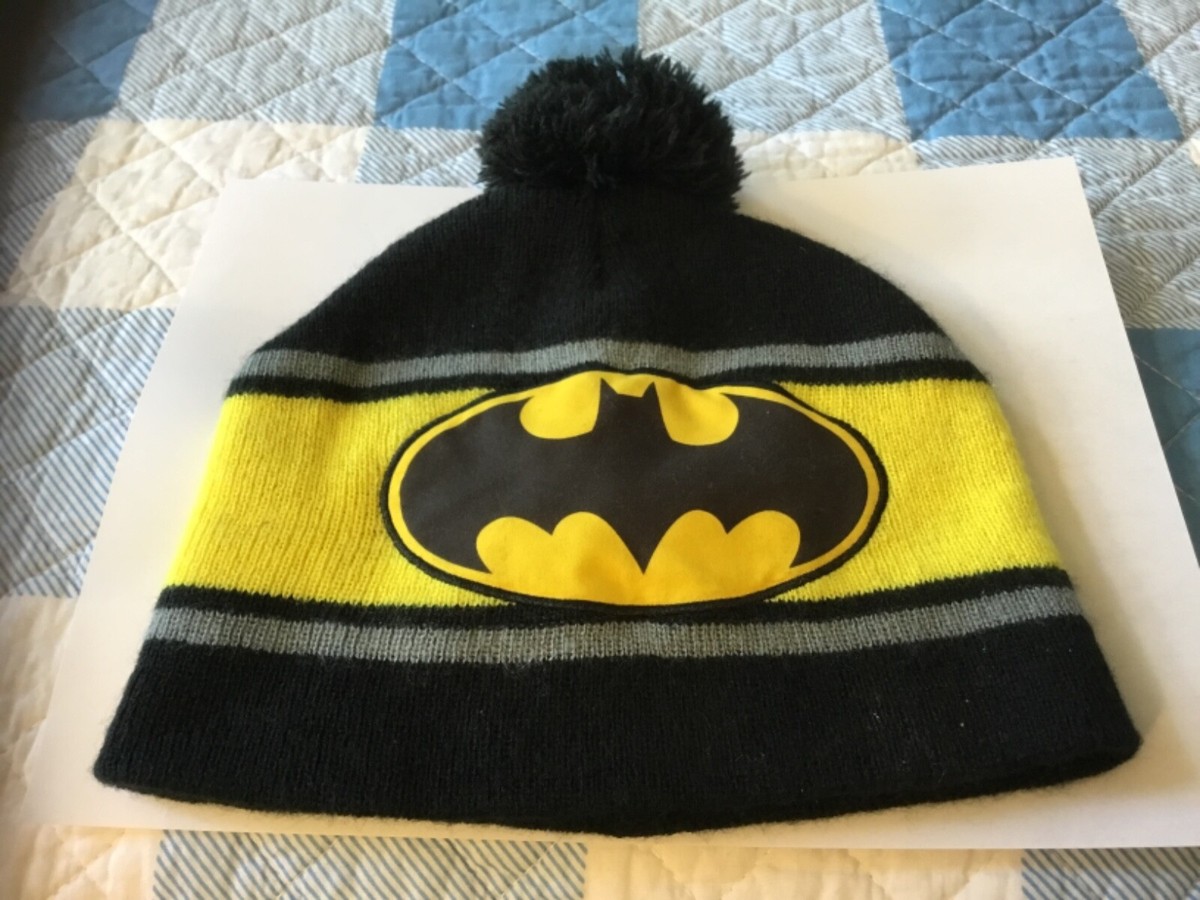 Batman Logo Pom Pom Beanie Knit Cuffed Black and Yellow Knitted