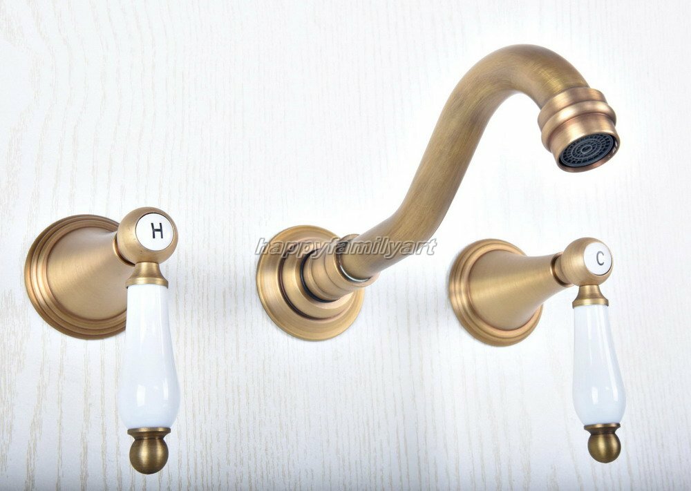 Antique Brass Wall Mounted 3 Holes Bathroom Tub Sink Faucet Mixer Tap ...