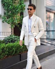lvory Men's Double Breasted Peak Lapel Blazer Casual Groom Tuxedos Suit Custom