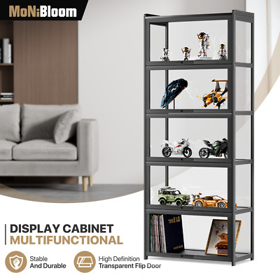 5 Tiers Acrylic Display Case 67.5'' Showcase Figure Bookshelf Black &Flip up Door