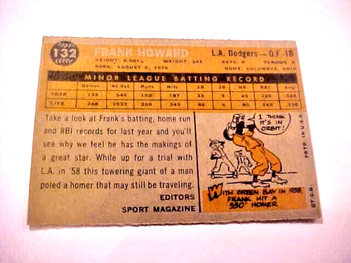 TOPPS 1960 Baseball Card #132 Frank Howard Los Angeles Dodgers Rookie Card SC50 - Picture 4 of 5