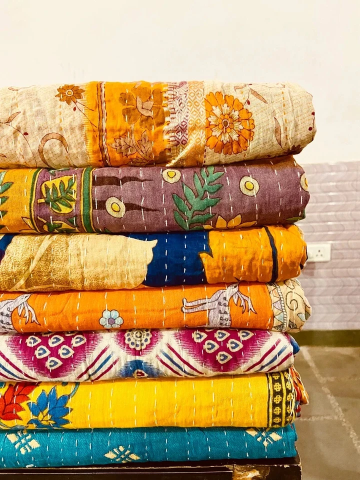 5 Pieces Mix Lot of Indian Tribal Kantha Quilts Vintage Cotton Bed Cover Throw - Image 3 of 4
