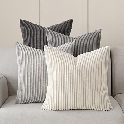 Set of 4 Neutral Grey Corduroy Decorative Couch Throw Pillow Covers 18x18 Inc...