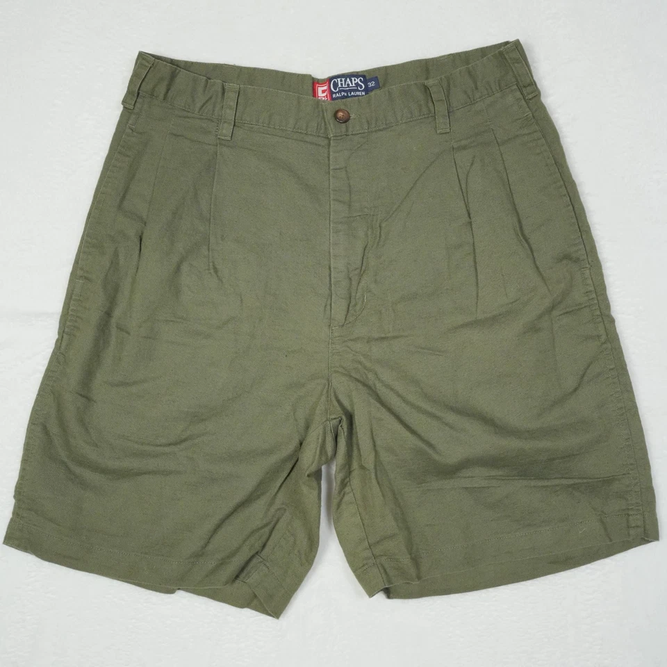 Pantalones Cortos Vintage Chaps Ralph Lauren Para Hombre Talla 31 Verde Plisado Mezcla Lino Algodón Foto 2 de 4