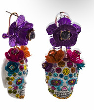 Multicolor Crystal Skull Flower Dangle Drop Hook Earrings Halloween Theme