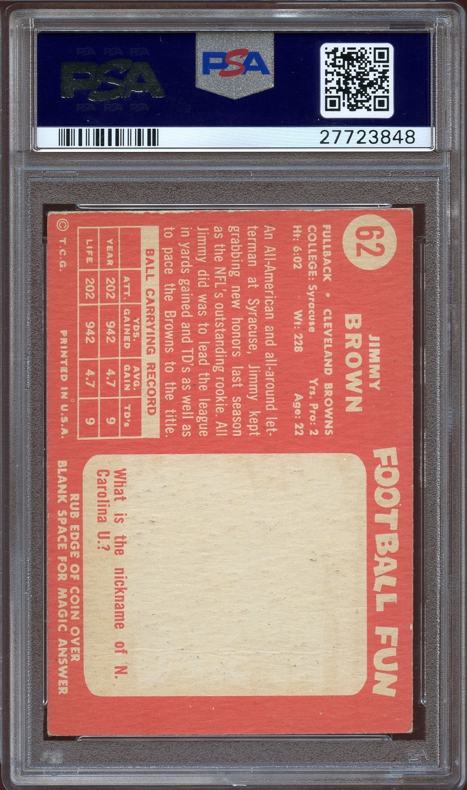1958 Topps #62 JIM BROWN Rookie Graded PSA 3.5 view 2