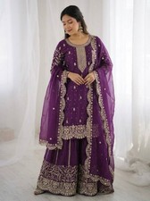 Beautiful Silk Purple Top Palazzo With Dupatta For Indian Functional Wear