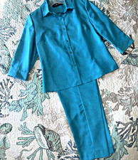 Pantalón elegante Sag Harbor 2 piezas TRAJE VERDE AZULADO SHANTUNG look seda talla 10