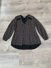 DR2 Dressy Pullover V-neck Blouse Size S Black Brown Floral And Sheer Arms