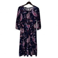 Talbots Paisley Midi Dress Women's Size 8 3/4 Sleeve Bue Pink Stretch Keyhole