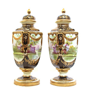 FINE PAIR OF ANTIQUE NORITAKE PAINTED PORCELAIN LIDDED VASES RAISED GILDING c9"