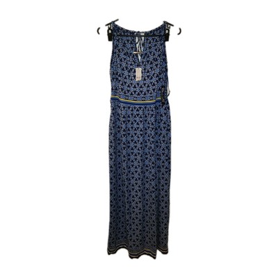 Eva Mendes NY & Co Dress Navy Green White Floral Print Maxi Long Size Medium