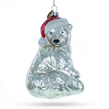 Polar Bear in Santa Hat Glass Ornament