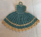 Vintage Crochet Pot Holder/Trivet Doll Dress -Handmade Blue w/Beige Trim — photo 2
