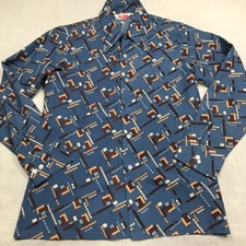 Vintage 70s LEVIS PANATELA Shirt Men M Blue Retro Abstract Print Disco Leisure