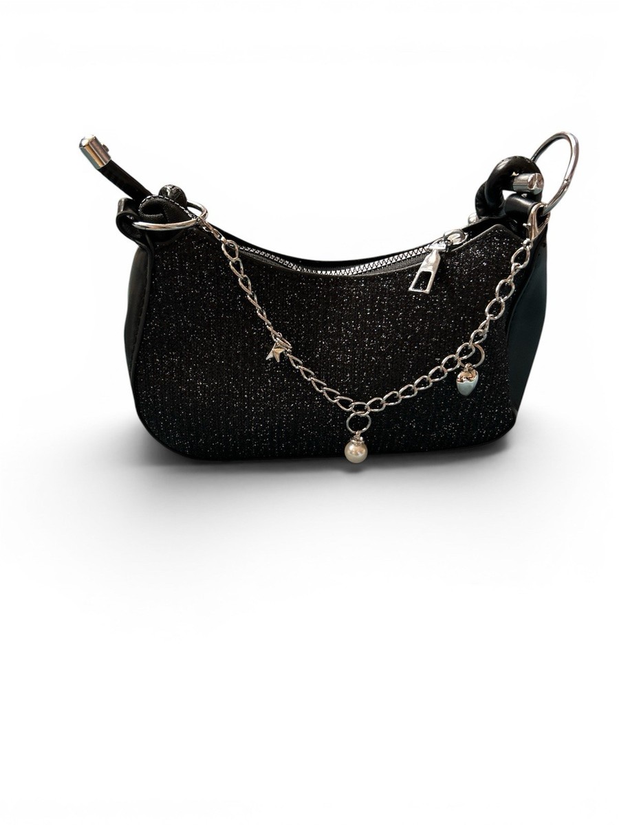 Glitter ブラック バック Black Glitter Shoulder Bag w/ Silver Chain Charm, Chain Strap, Zip