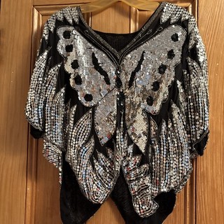(S) Vintage Top Silk sequin butterfly disco shoulder pads rayon lining 80s