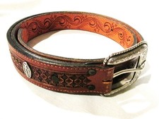 Men's Nocona Hand Tooled Brown Leather Belt Size 46 Ariat Silver Buckle