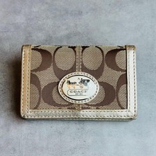 COACH Sutton Signature Horse Carriage Leather Canvas Card Case Beige Gold