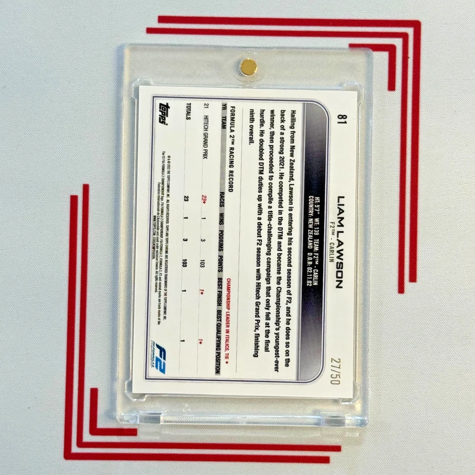 2022 Topps Chrome F1 Formula 1 #81 LIAM LAWSON Gold Wave Refractor /50 Rookie - Image 2 of 2