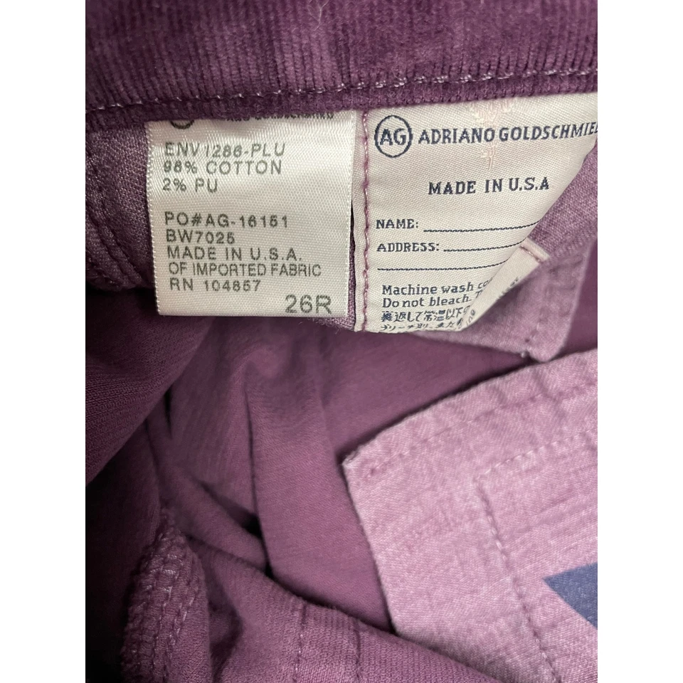 AG Adriano Goldschmied The Stevie 修身直筒紫色灯芯绒长裤女式 26R — 第 4/4 张图片