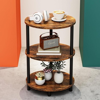 Small Round Side Table, Rustic Wood Metal Three Tier Accent End Nightstand