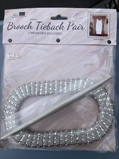 Vatican Homes Brooch Tieback Pair Gray / Silver Fabric W/ Brooch Pins 8.5”x 4.5”