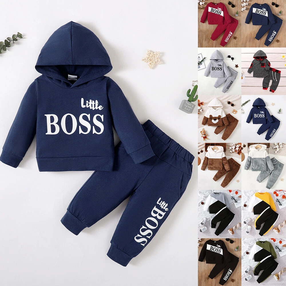Toddler Kids Boys Hooded Tracksuit Little Boss Hoodies Pants Outfit Clothes Set